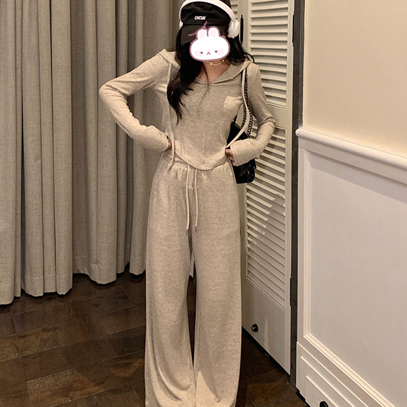 休闲流行休闲套装秋冬季新款纯色拉链短款连帽开衫卫衣两件套女装