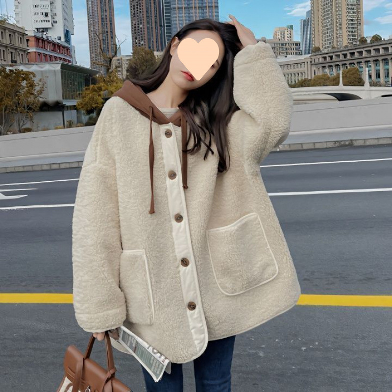 Integrated lamb fur jacket Autumn and winter 2025 new Korean loose splicing design hooded thick top