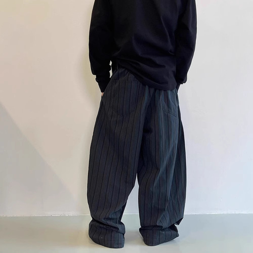 Autumn/Winter Retro Black and Blue Vertical Striped Straight-Leg Jogger Pants for Men, Can Be Tied at the Ankle or Drag on the Ground, Wide-Leg Long Pants