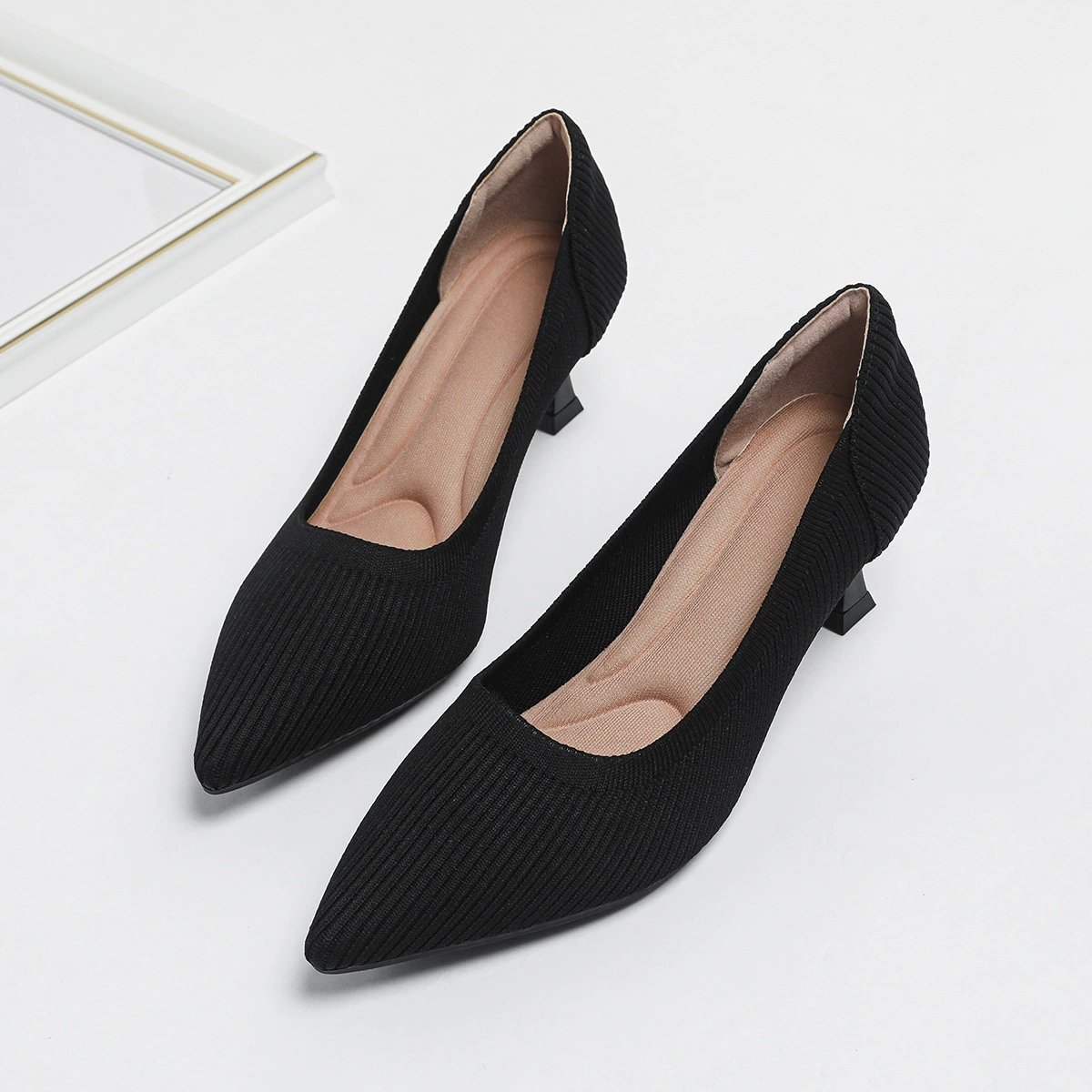 Туфли-лодочки на pointed toe для женщин, дышащая текстильная верхняя часть, EU 35–43, элегантный каблук-кошечка