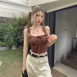 American-style Sweet Hot Girl Sexy Drawstring Camisole Women's Summer Navel-exposed Slim-fit Slim-fit Short Top for Outer Wear