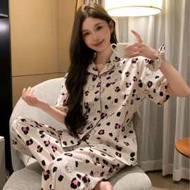 2025年全新款简约休闲睡衣女夏季短袖长裤薄款二件套家居服套装女
