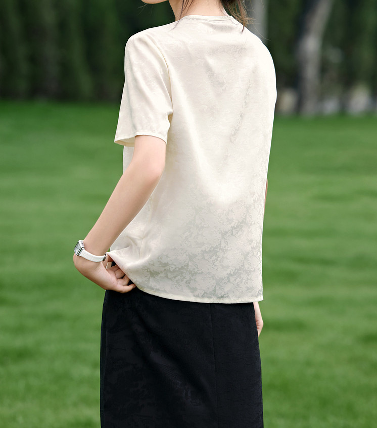 Áo sơ mi nữ satin jacquard phong cách Trung Quốc tay ngắn thanh lịch — màu trắng ngà chi tiết 6