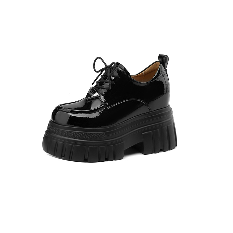 Giày loafer nữ đế xuồng platform buộc dây, gót ẩn tăng chiều cao — màu đen