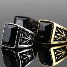 海义跨境士黑红大戒指枫叶叶子造型戒指手饰宝石wish男钛钢戒指