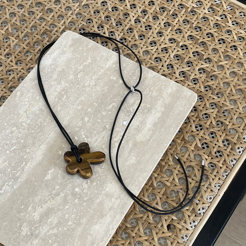 韩版天然石斑点虎眼花朵吊坠项链小众简约高级感长款可调节颈链|undefined