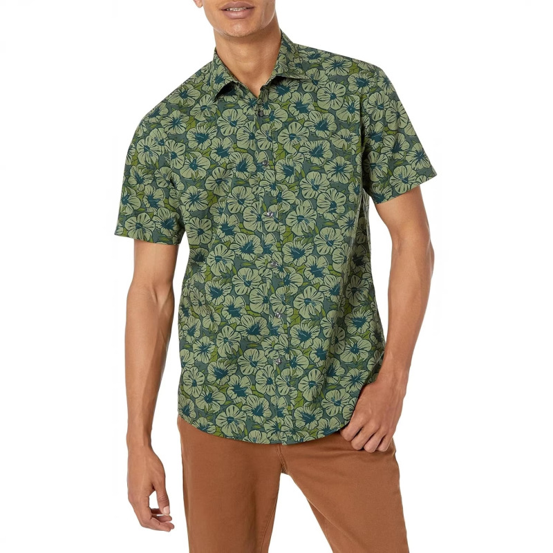 Men's Retro Green Floral All-Over Print Short-Sleeved Shirt, Lapel Hawaiian Shirt, Beach Vacation Loose Top