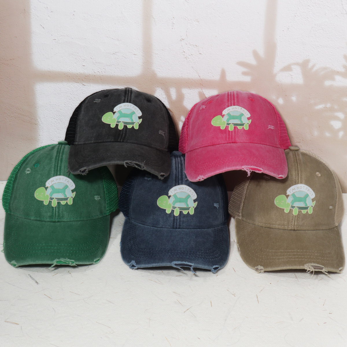 Unisex Gewassen cowboy trucker hoed Casual trend Groene schildpad print baseball pet Ademende zonbescherming_voghion.com