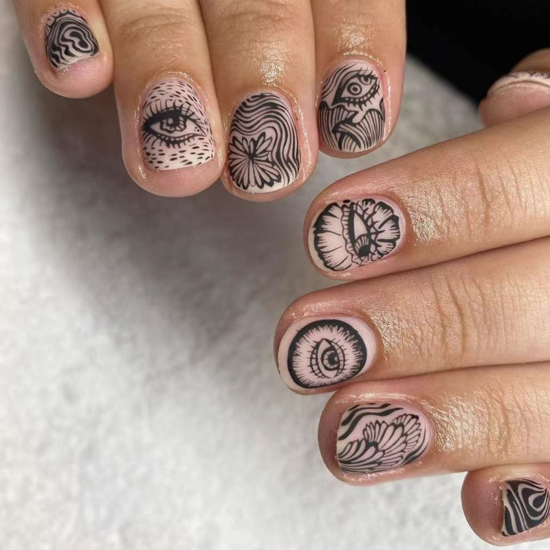 Skin color frosted short square wear nail nail patch black line painting fantasy eye design fake nail foreign trade Skin color frosted short square wear nail nail patch black line painting fantasy eye design fake nail foreign trade