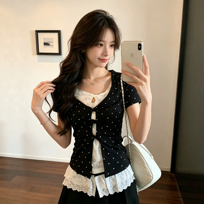 Black Polka Dot Faux Two-Piece Lace Short-Sleeve T-Shirt for Women, Summer Korean Style Slim Fit Design, Sweet Style Top