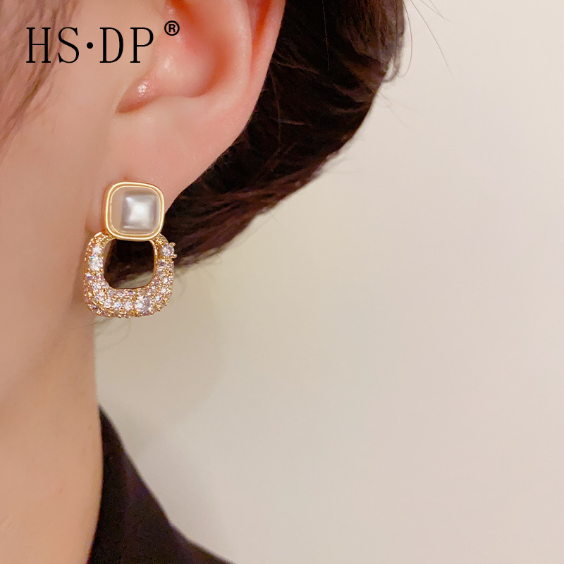 s925銀針時尚設計網紅氣質鑲鑽珍珠耳釘女精緻小香風甜美簡約耳環