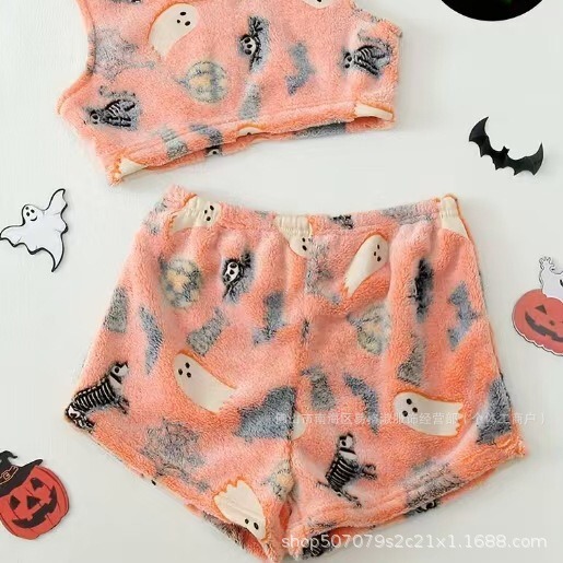 Foreign trade Halloween luminous flannel pajamas women's autumn and winter fleece-lined warm casual home suit graffiti luminous pants