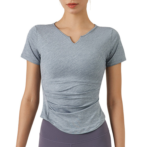 Ningbo Dashu V-neck pleated slim yoga short-sleeved fitness clothing women's tops spring and summer new sports T-shirts