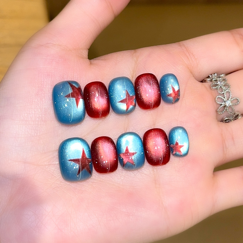 Qianfan【Blue Cherry Jam】Simple Hand-painted Cat Eye Whitening Purely Handmade Wearable Nail Art Stickers Fake Nail Tips
