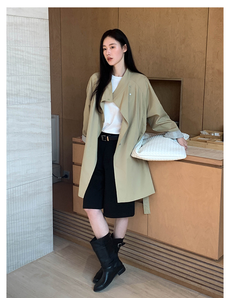 ng2510292 MOXI Thirteen Lines Women's Clothing 2026 Spring Korean Style Stand Collar Long Trench Coat For Petite Women_ecoleips.com