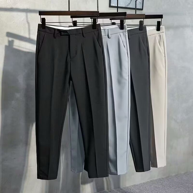 Men's Autumn Thin British Business Casual Straight-Leg Suit Pants with Drape, Cropped Length