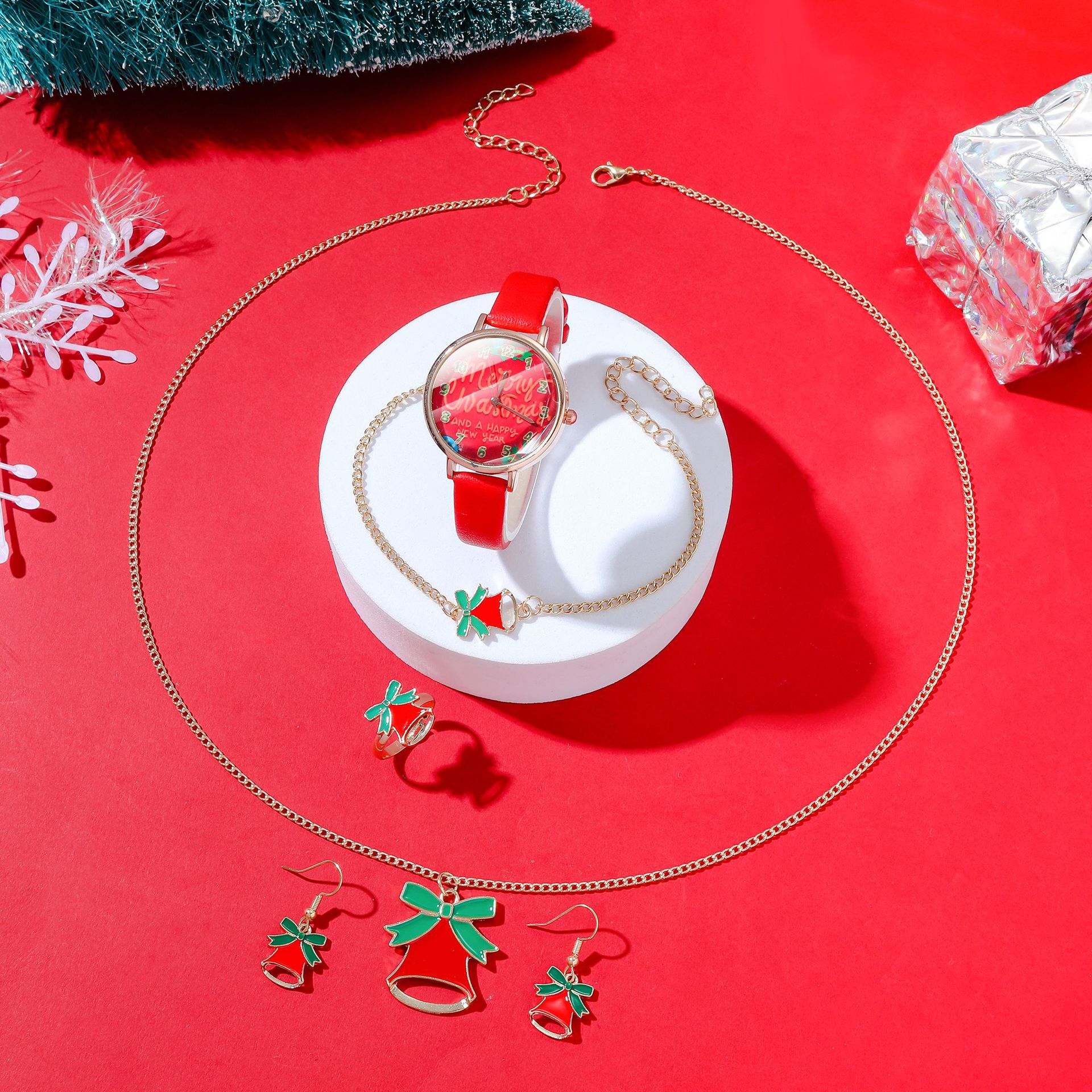 Weihnachtsuhr-Set, Cartoon-Weihnachts-Neuheiten im Herbst und Winter, Gürteluhr + Weihnachtsmann-Schmuckset_voghion.com