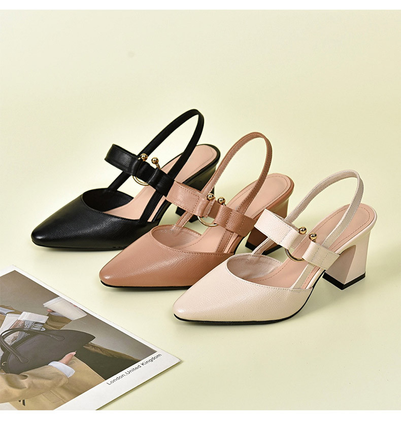 Sandal nữ da thật mũi nhọn gót vuông 5 cm, hở gót, phong cách mùa hè — Đen 5cm chi tiết 12