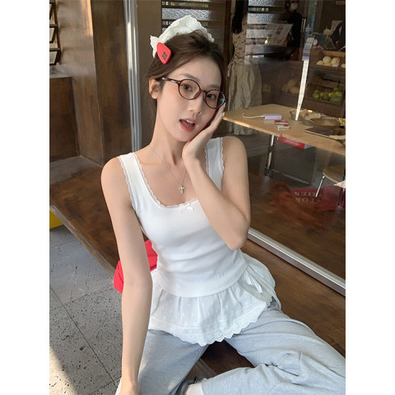 Pure Desire Style White Lace Seaside Wear Camisole Women's Spring and Summer Bow Slim Fit Inner Spice Top