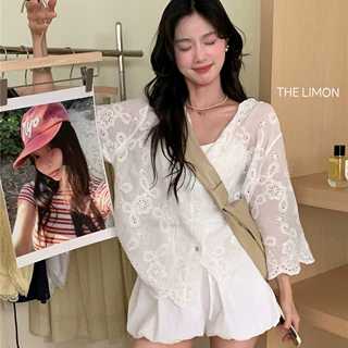THE LEMON柠檬绿茶2025夏季韩系温柔钩花小众刺绣防晒小衫v领上衣