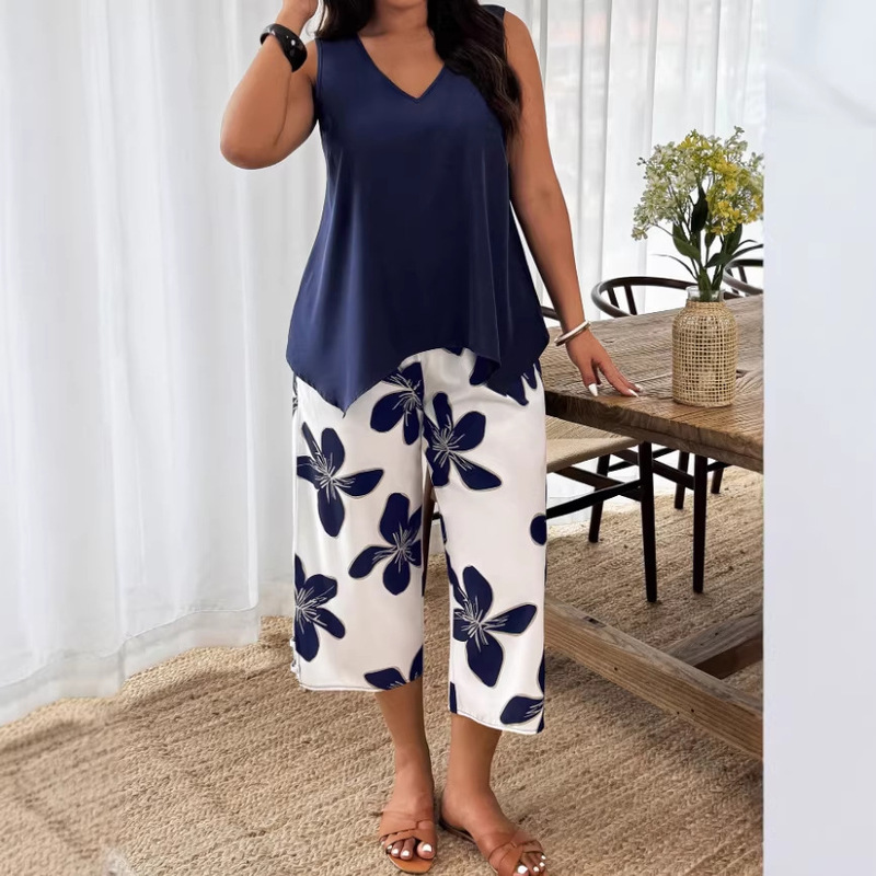 European and American Foreign Trade Independent Site Amazon Cross-Border New Women's Casual Elegant Printed 7/8 Pants Set