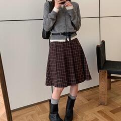 法式复古格子百褶中裙女2025秋冬新款松紧腰显瘦百搭休闲A字中裙