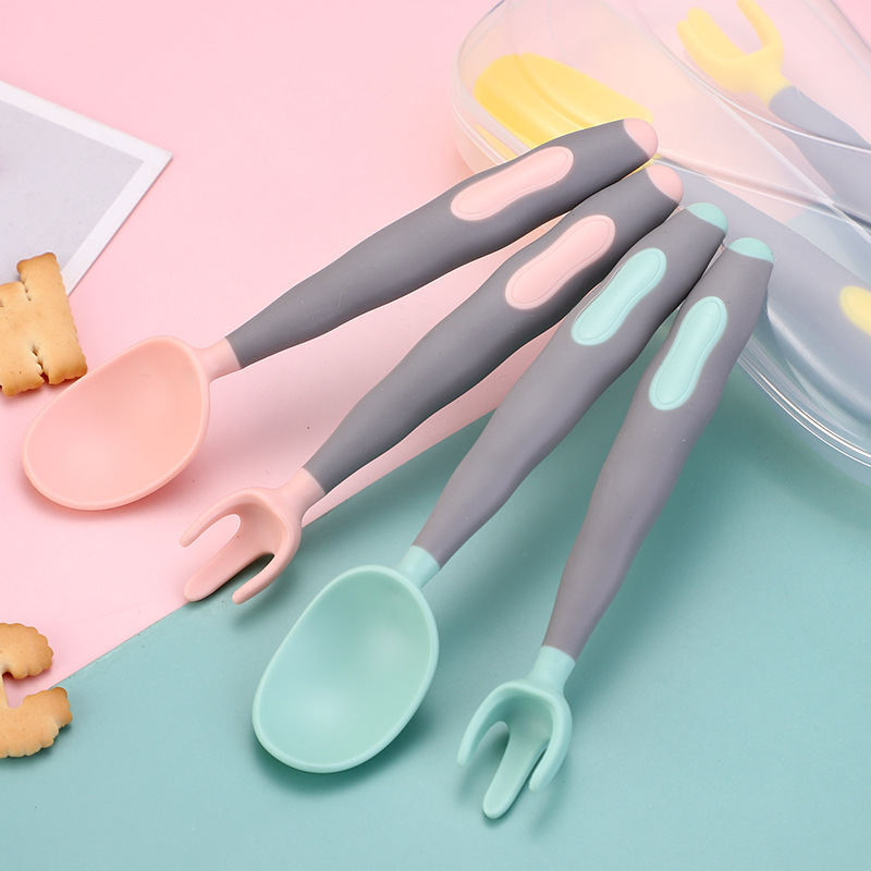 KIUIMI Open Yomi Children's Silicone Soft Spoon Curved Practice Fork Spoon Temperature Sensitive Tableware Baby Food Supplemental Spoon Temperature Sensitive Style