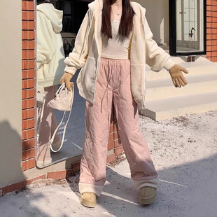 Factory direct polar fleece cotton pants plush stitching fleece-lined warm pants casual pants elastic waist straight trousers