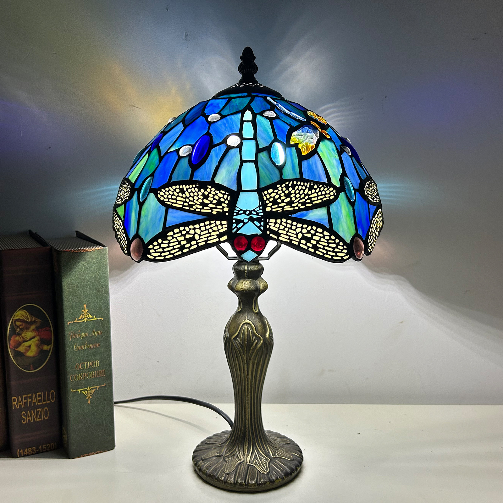 Huijing Tiffany colored glass DIYD lamp bedside bedroom red dragonfly 25cm morning glory bedroom table lamp