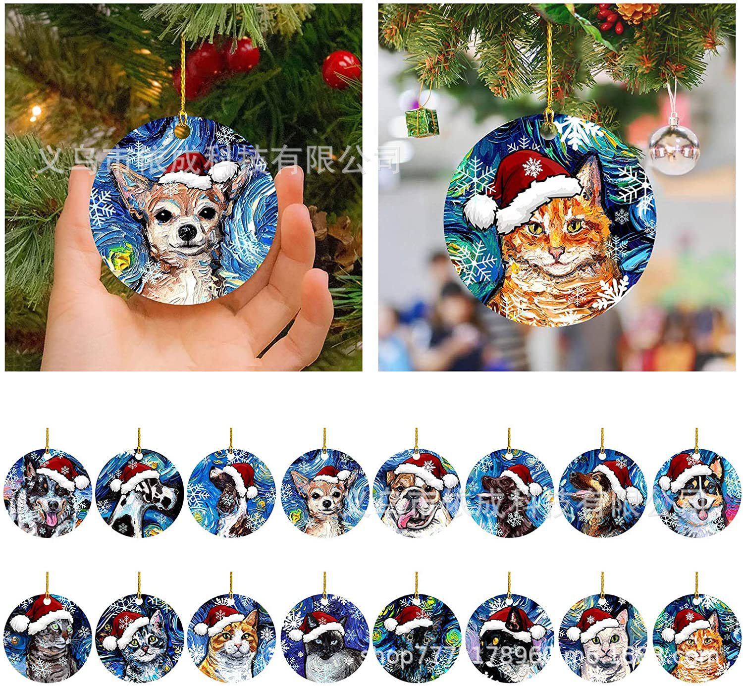 跨境新品亚克力圣诞可爱狗猫带帽子挂件，1 件圣诞装饰挂件