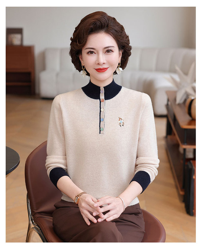 2025年妈妈装100%纯羊毛衫女中老年秋冬新款针织半高领绣花毛衣女|undefined