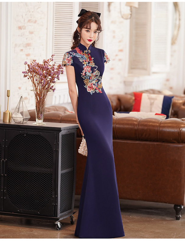 navy blue cheongsam dress Long Blue Qipao Dress, Modern Short-Sleeved Cheongsam, Lyra