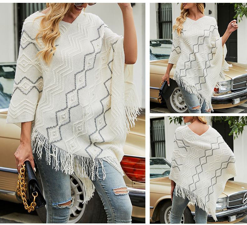 wave striped fringed cloak shawl sweater nihaostyles wholesale clothing NSMMY83106