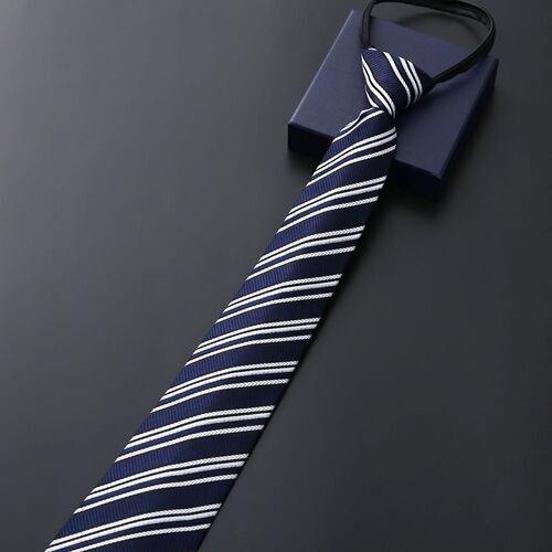 Men's Business Formal Zip Tie Tie, Blue Striped Korean Version Black Lazy Tie One-Pull