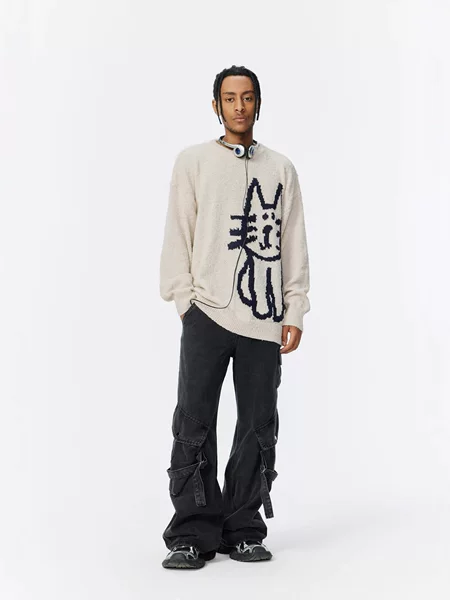 Andrei Amazon Aliexpress Popular Cartoon Cat Knitwear Men's Japanese Style Retro Lazy Style Casual Knitwear
