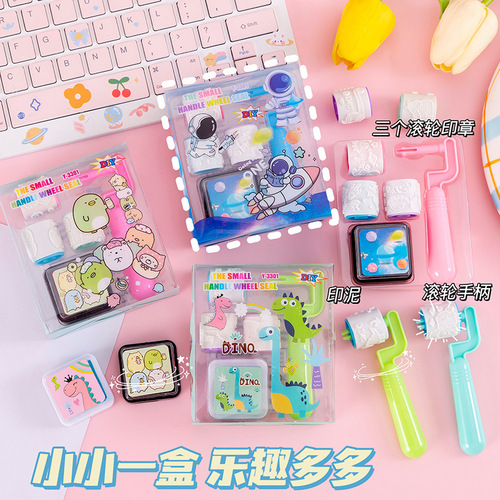 Cute DYI cartoon animal roller seal with ink pad student kindergarten children's prize stationery seal gift