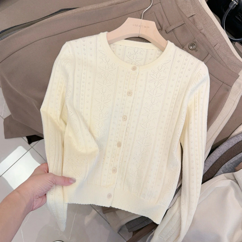 Heavy-duty vintage jacquard hollow-out long-sleeve knit sweater 2026 spring/autumn women's simple casual solid color sweater Heavy-duty vintage jacquard hollow-out long-sleeve knit sweater 2026 spring/autumn women's simple casual solid color sweater