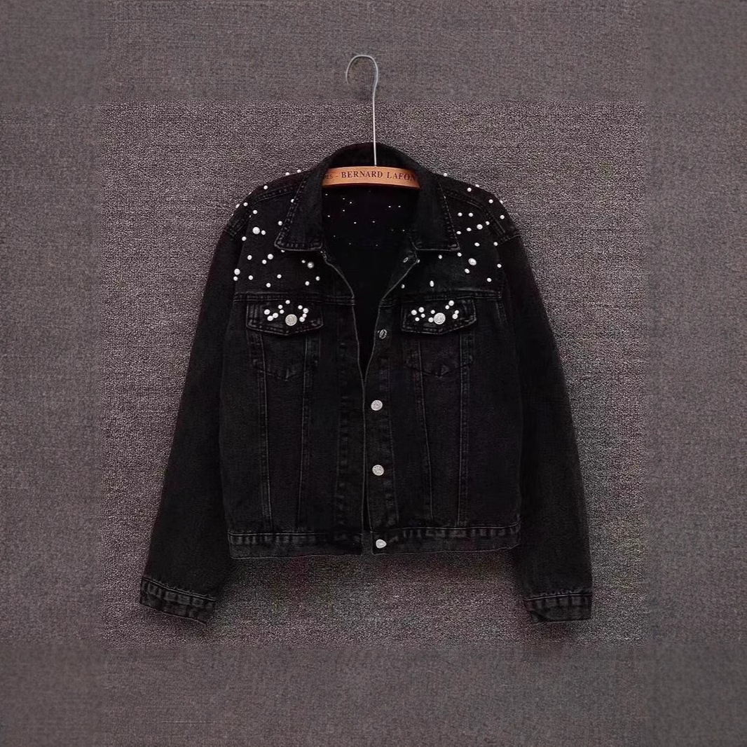 Women's Denim Jacket With Pearl Embellishments, Short Length, Plus Size, Stylish And Comfortable For Casual Wear - Black, White, Sky Blue_voghion.com