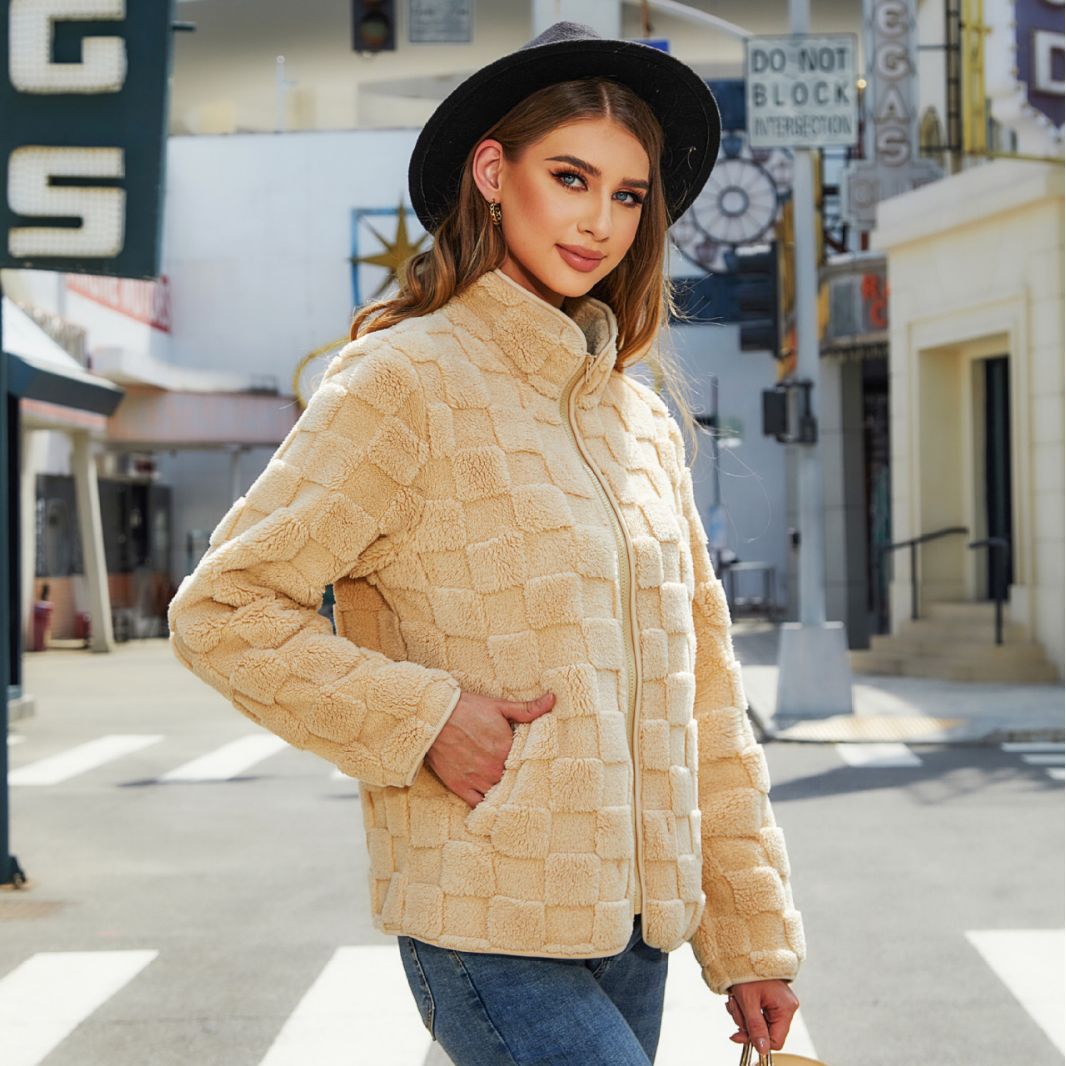 Dameskleding Flash fluwelen herfst en winter nieuwe kleding lange mouwen vest rits losse effen kleur geruit pluche jas_voghion.com