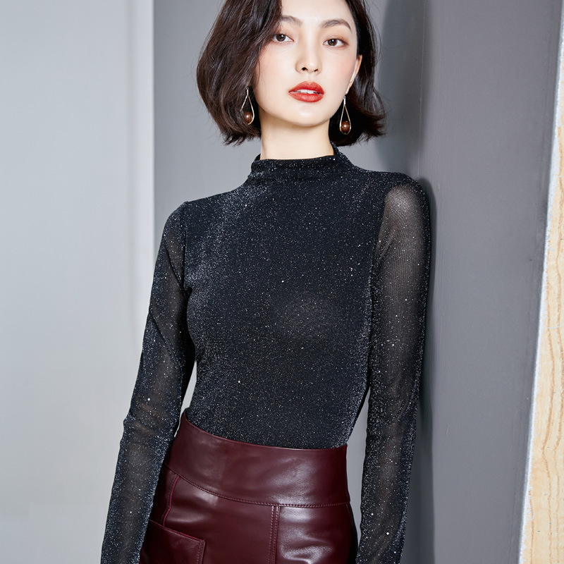 秋款欧货时尚洋气网纱打底衫女长袖薄款纱衣亮丝小衫修身显瘦上衣|undefined