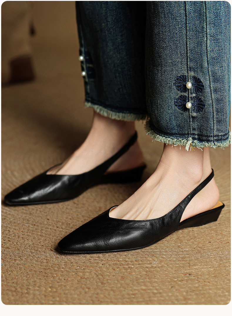 Sandal nữ da bò mũi kín quai sau đế bệt phong cách Hàn Quốc — đen chi tiết 18
