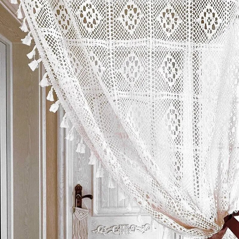 Cross-Border French Retro Traditional Lace Hollow Gauze Curtain Door Curtain Bedroom Living Room White Decorative Beautiful Light-Transmitting Window Screen