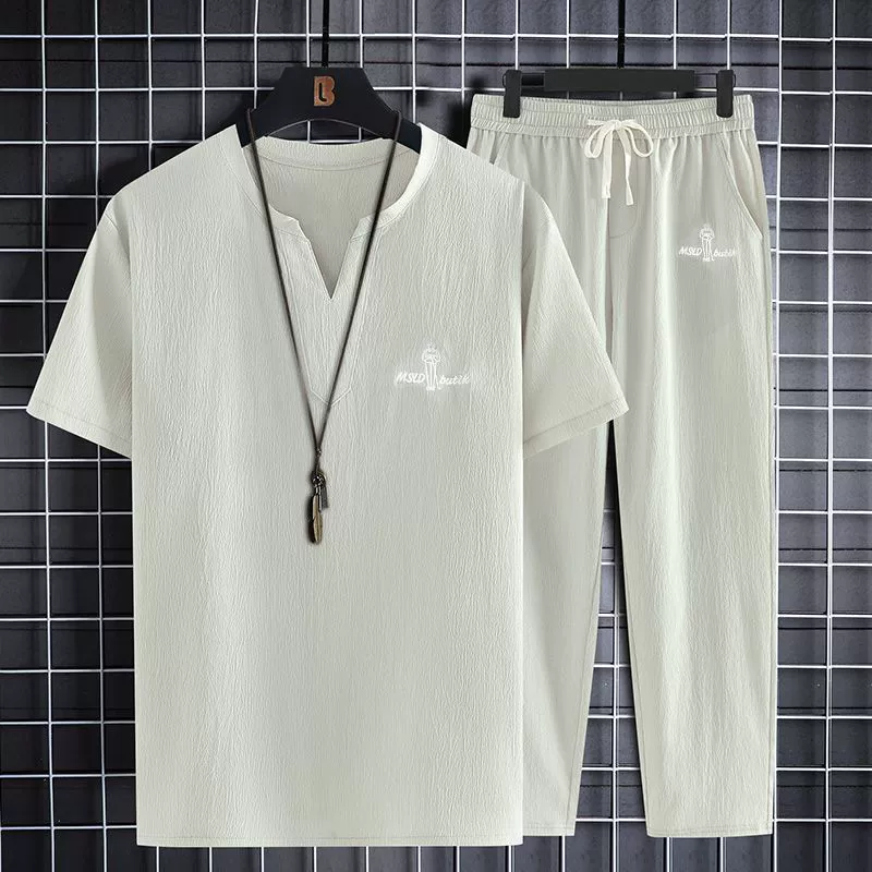 Высококачественный костюм из ледяного шелка, хлопка и льна с вышивкой, мужские брюки с v-образным вырезом, состоящие из двух частей, с короткими рукавами, повседневный дышащий костюм, летняя одежда 2