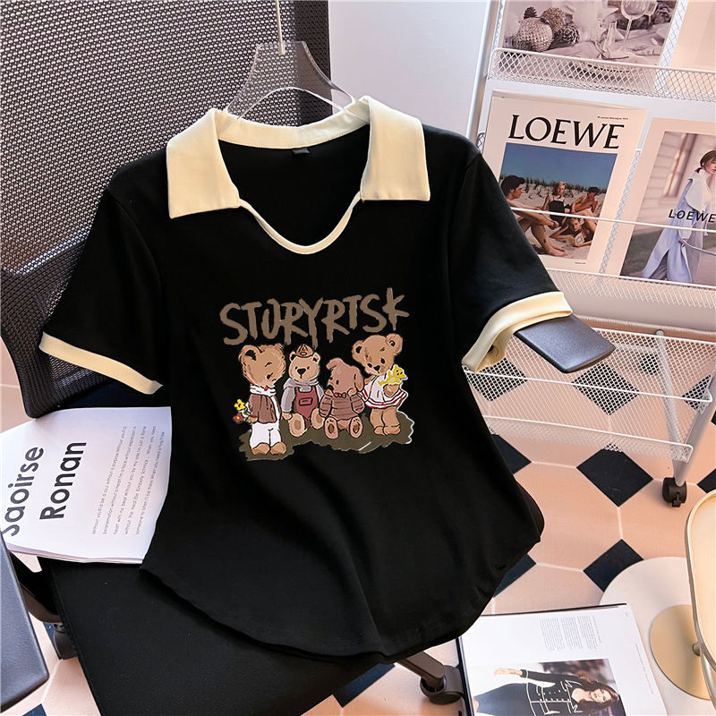 Camiseta de hombro más el tamaño de las mujeres 2023 Verano manga corta estilo francés Chubby Girl diseño vientre que cubre adelgazamiento POLO cuello carne escondite top image 9
