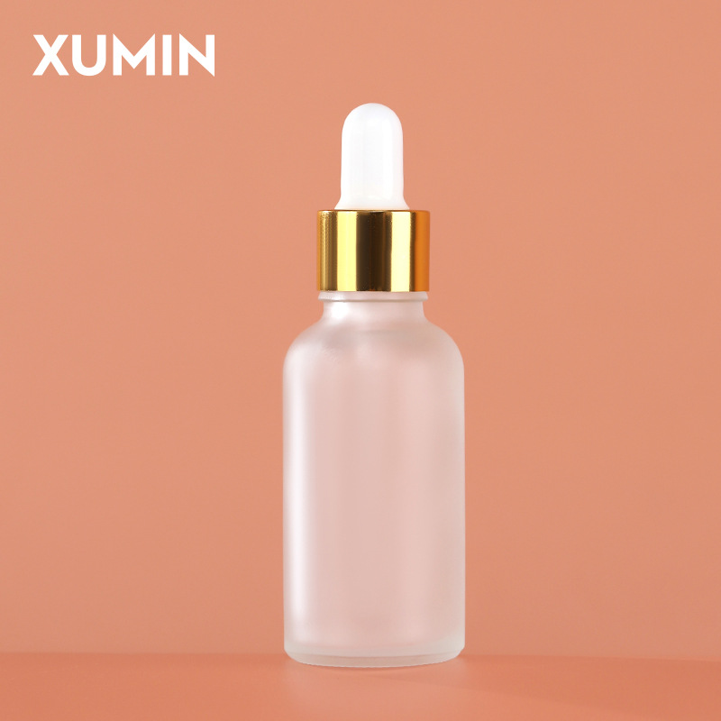 Embalaje cosmético botella de vidrio esmerizada botella de gotas líquidas de hombro redondo anillo de aluminio eléctrico botella de aceite esencial 30ml