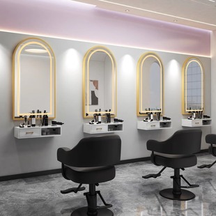 Barber Shop Mirror, Hair Salon Special Dyeing and Perming Table, Single-sided with Light, Warm Light, Hair Salon Mirror, Wall-mounted Cabinet Integrated