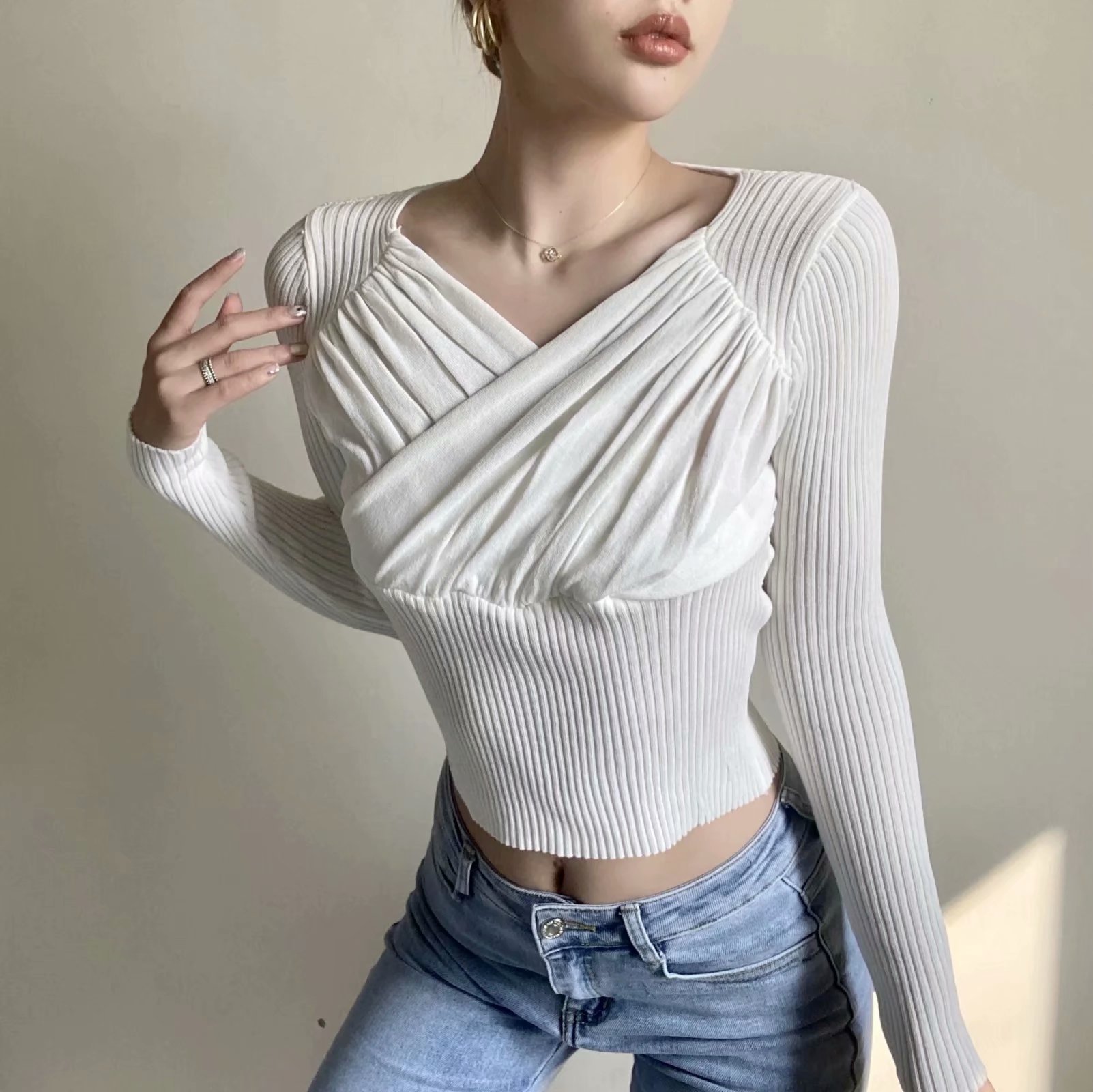 V-neck pleated slim bottoming sweater long-sleeved top knit sweater NSAM52295