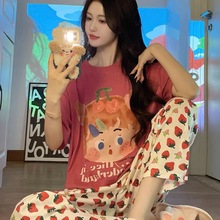 睡衣女春秋季2025年新款大码短袖长裤甜美可爱家居服套装甜美外穿
