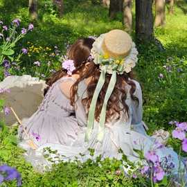Lolita草帽田园森系甜美蝴蝶结郁金香法式少女花朵遮阳帽子