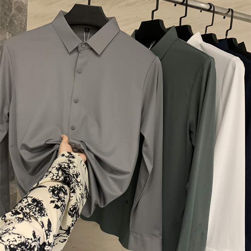 398 offline! Seamless adhesive laser-cut, cool and smooth solid-color lapel shirt for men&mdash;trendy!